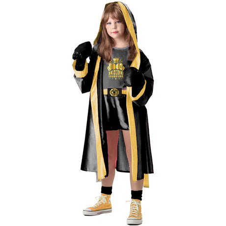 Model wearing Lola Stars girls' boxer costume: black hooded robe with gold trim, champion top, shorts and black gloves