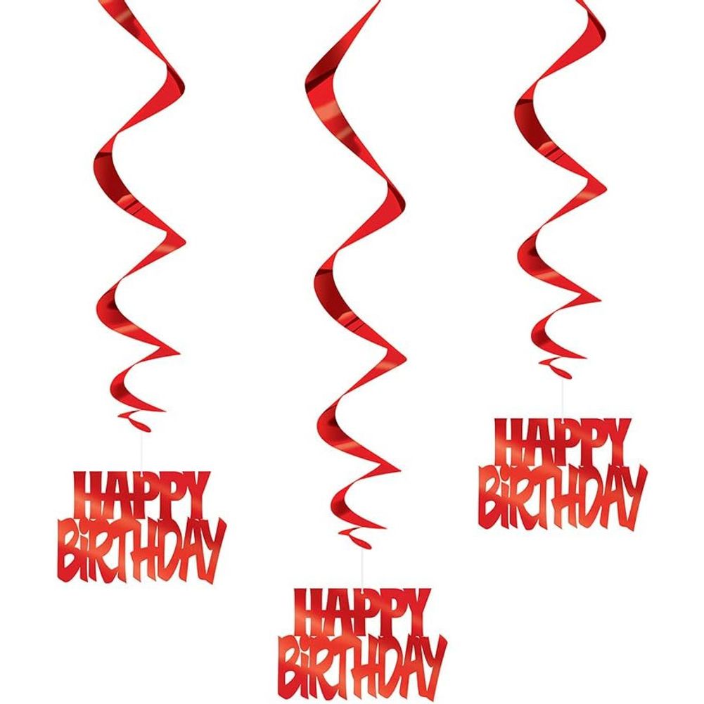 Happy Birthday Red Hanging Swirls (3ct)