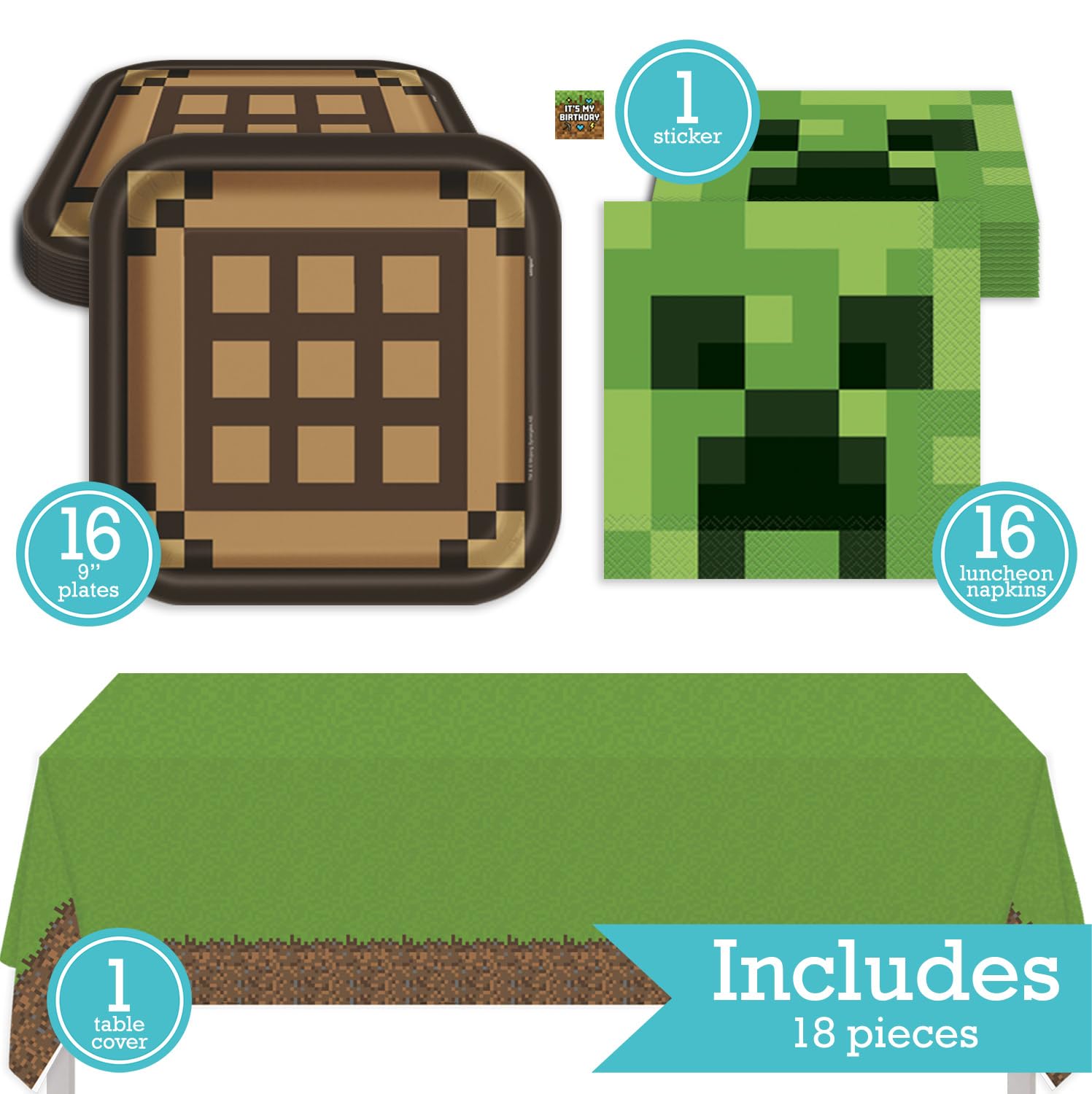 Minecraft Birthday Party Kit for 16 – 9 Inch Plates, Napkins and Table Cover (33 pc) – photo 2