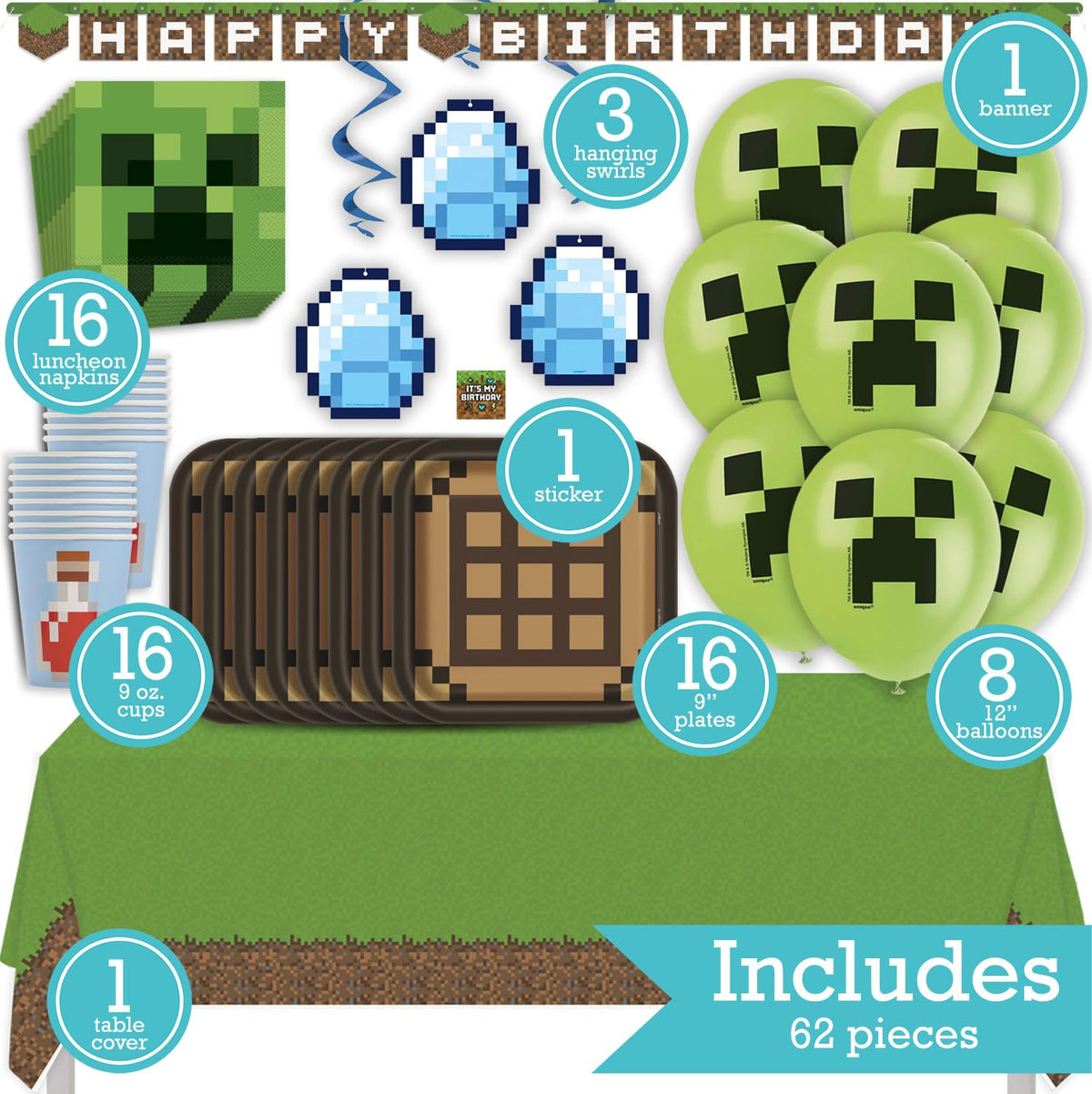 Minecraft Birthday Party Kit for 16 – 9 Inch Plates, Napkins, Table Cover, Cups, Banner, Balloons and Swirl Decorations (61 pc) – photo 2