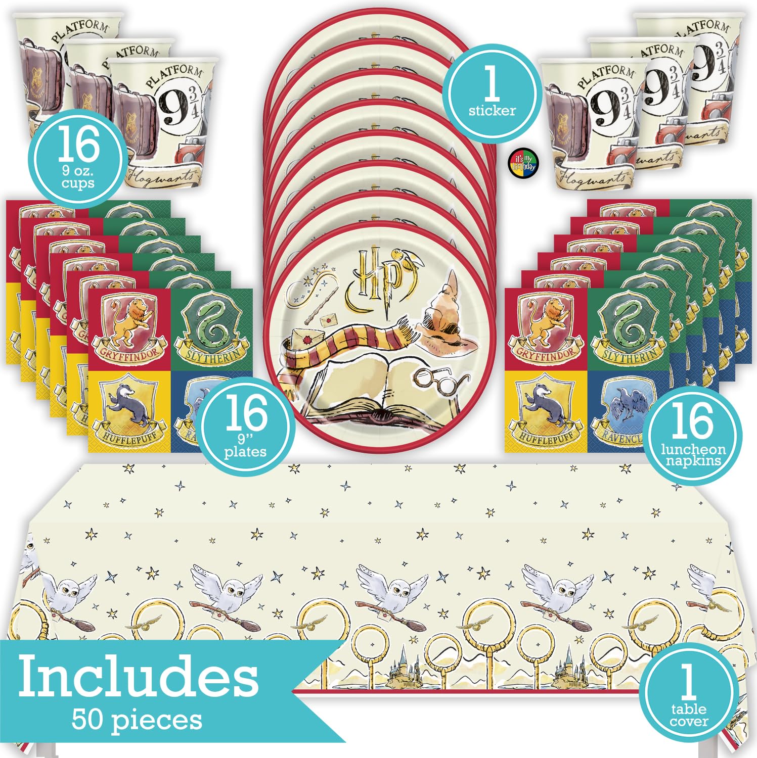 Harry Potter Birthday Party Kit for 16 – 9 Inch Plates, Napkins, Table Cover and Cups (49 pc) – photo 2