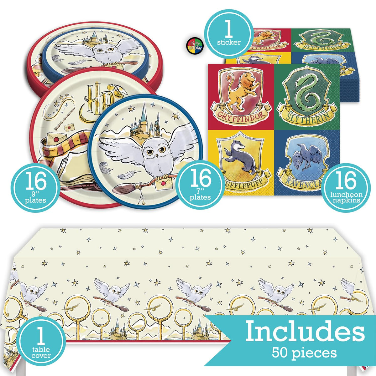 Harry Potter Birthday Party Kit for 16 – 9 Inch Plates, 7 Inch Plates, Napkins and Table Cover (49 pc) – photo 2