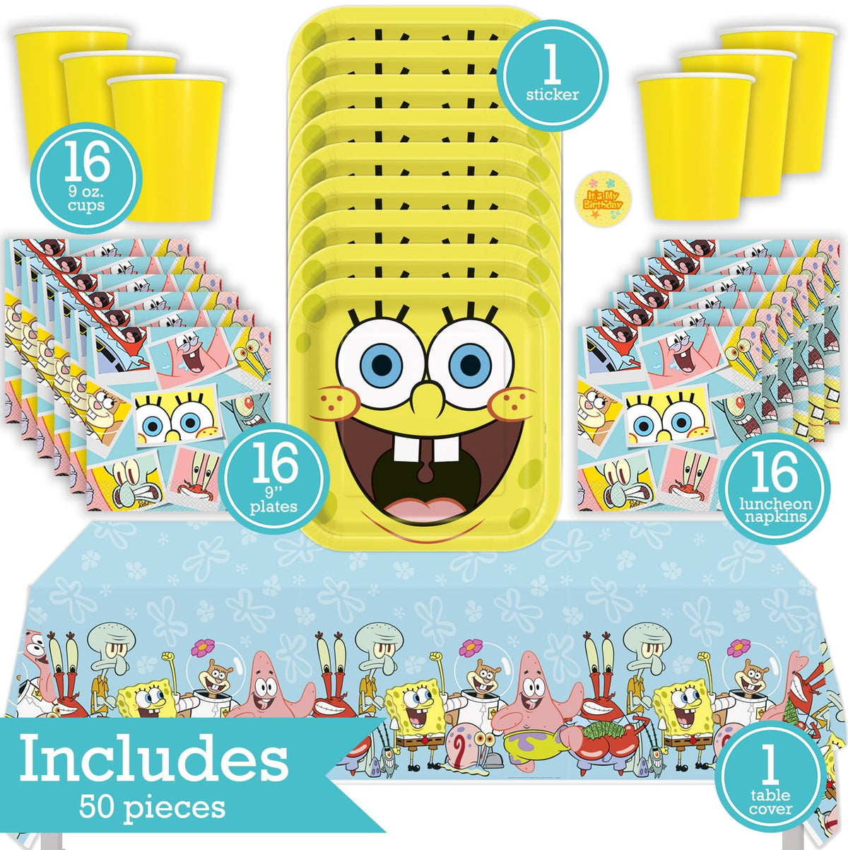 SpongeBob Birthday Party Kit for 16 – 9 Inch Plates, Napkins, Table Cover and Cups (53 pc) – photo 2