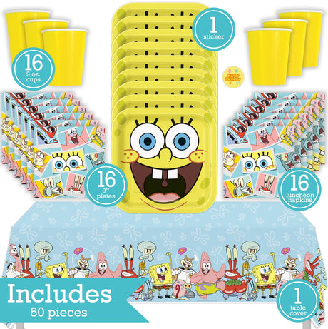 SpongeBob Birthday Party Kit for 16 – 9 Inch Plates, Napkins, Table Cover and Cups (53 pc) – photo 2