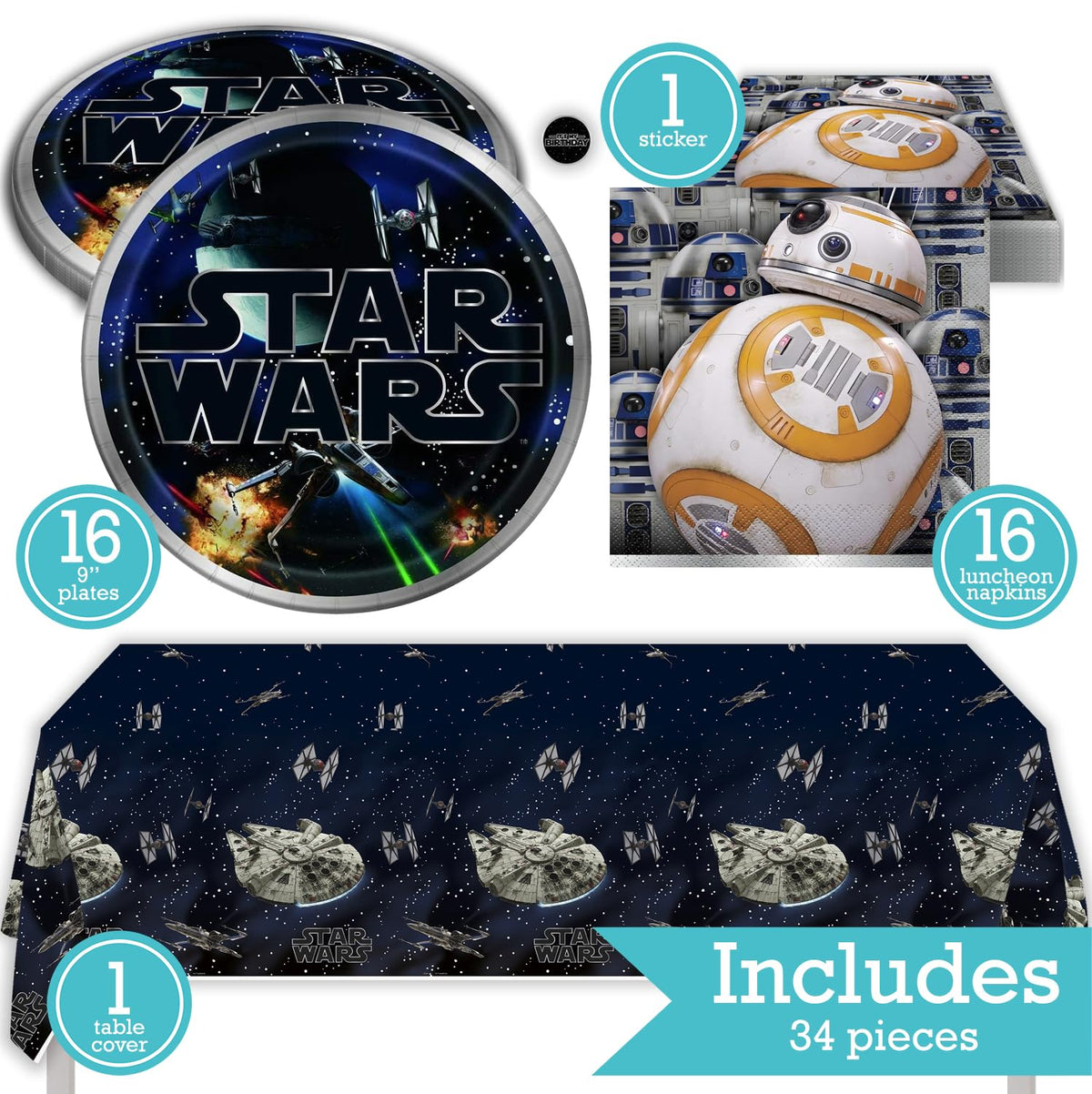 Star Wars Birthday Party Kit for 16 – 9 Inch Plates, Napkins and Table Cover (33 pc) – photo 2