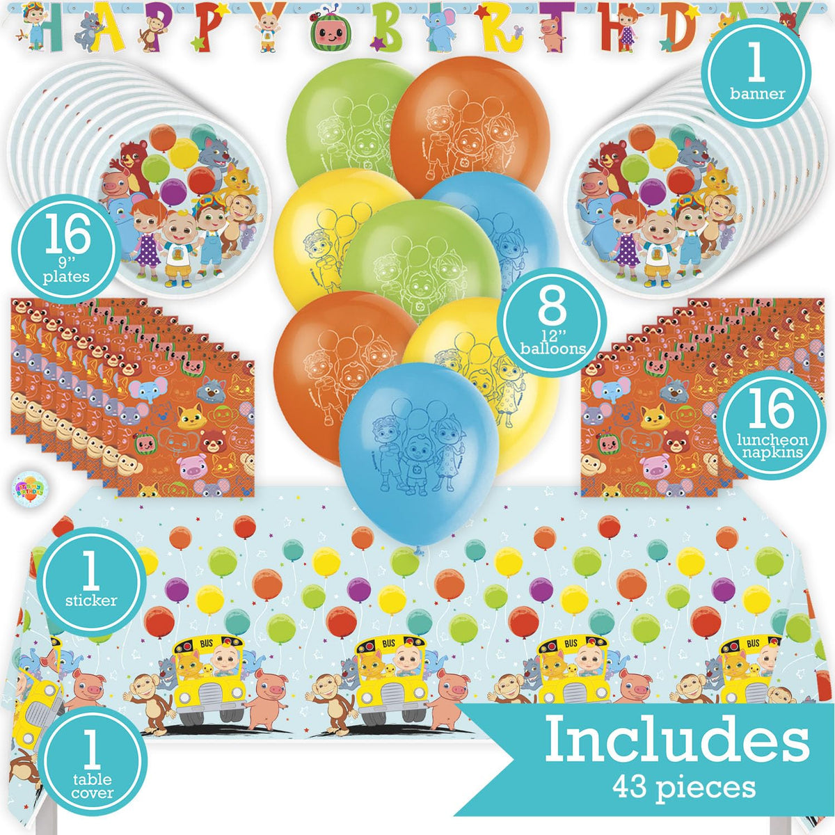 Cocomelon Birthday Party Kit for 16 – 9 Inch Plates, Napkins, Table Cover, Banner and Balloons (42 pc) – photo 2