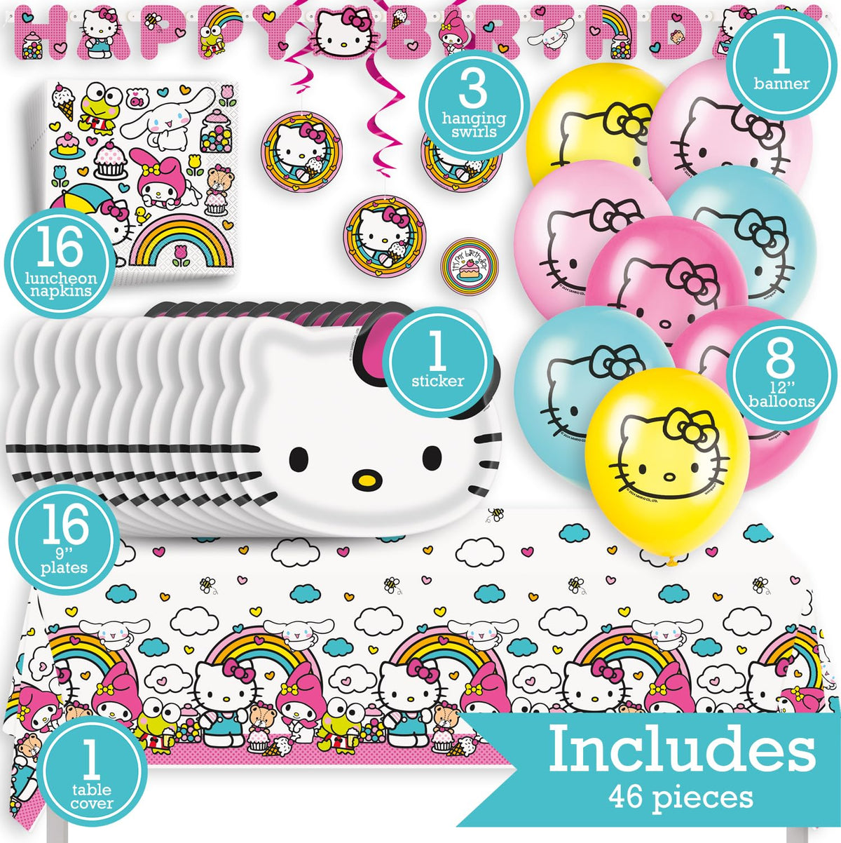 Hello Kitty Birthday Party Kit for 16 – 9 Inch Plates, Napkins, Table Cover, Banner, Balloons and Swirl Decorations (45 pc) – photo 2