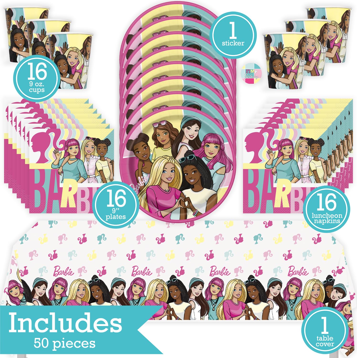 Barbie Birthday Party Kit for 16 – 9 Inch Plates, Napkins, Table Cover and Cups (49 pc) – photo 2
