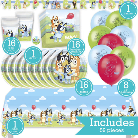 Bluey Birthday Party Kit for 16 – 9 Inch Plates, Napkins, Table Cover, Cups, Banner and Balloons (58 pc) – photo 2