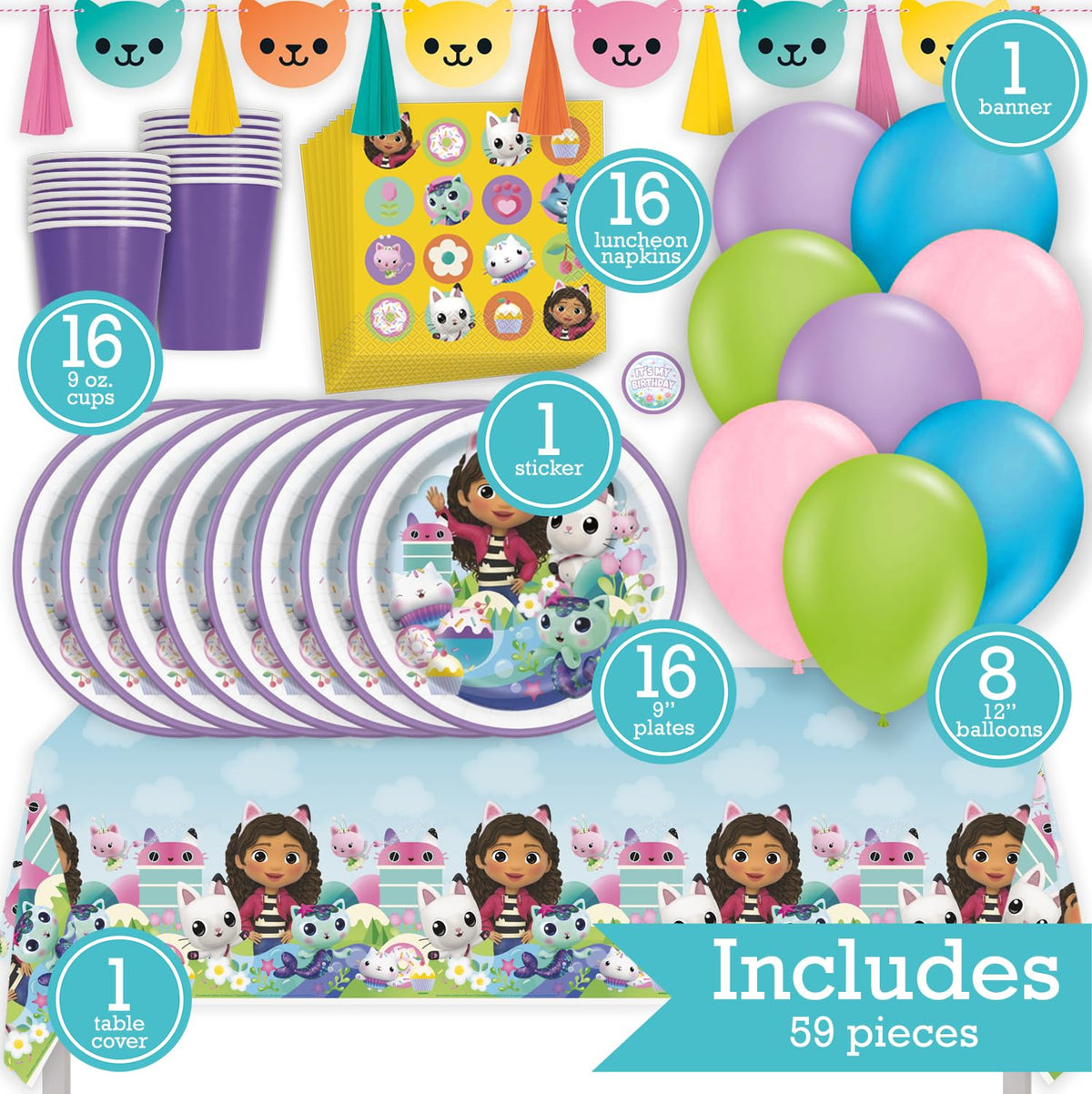 Gabby's Dollhouse Birthday Party Kit for 16 – 9 Inch Plates, Napkins, Table Cover, Cups, Banner and Balloons (69 pc) – photo 2