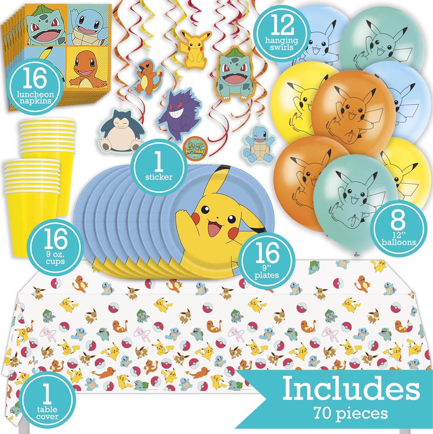 Pokémon Birthday Party Kit for 16 – 9 Inch Plates, Napkins, Table Cover, Cups, Banner, Balloons and Swirl Decorations (74 pc) – photo 2
