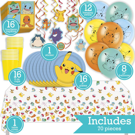 Pokémon Birthday Party Kit for 16 – 9 Inch Plates, Napkins, Table Cover, Cups, Banner, Balloons and Swirl Decorations (74 pc) – photo 2