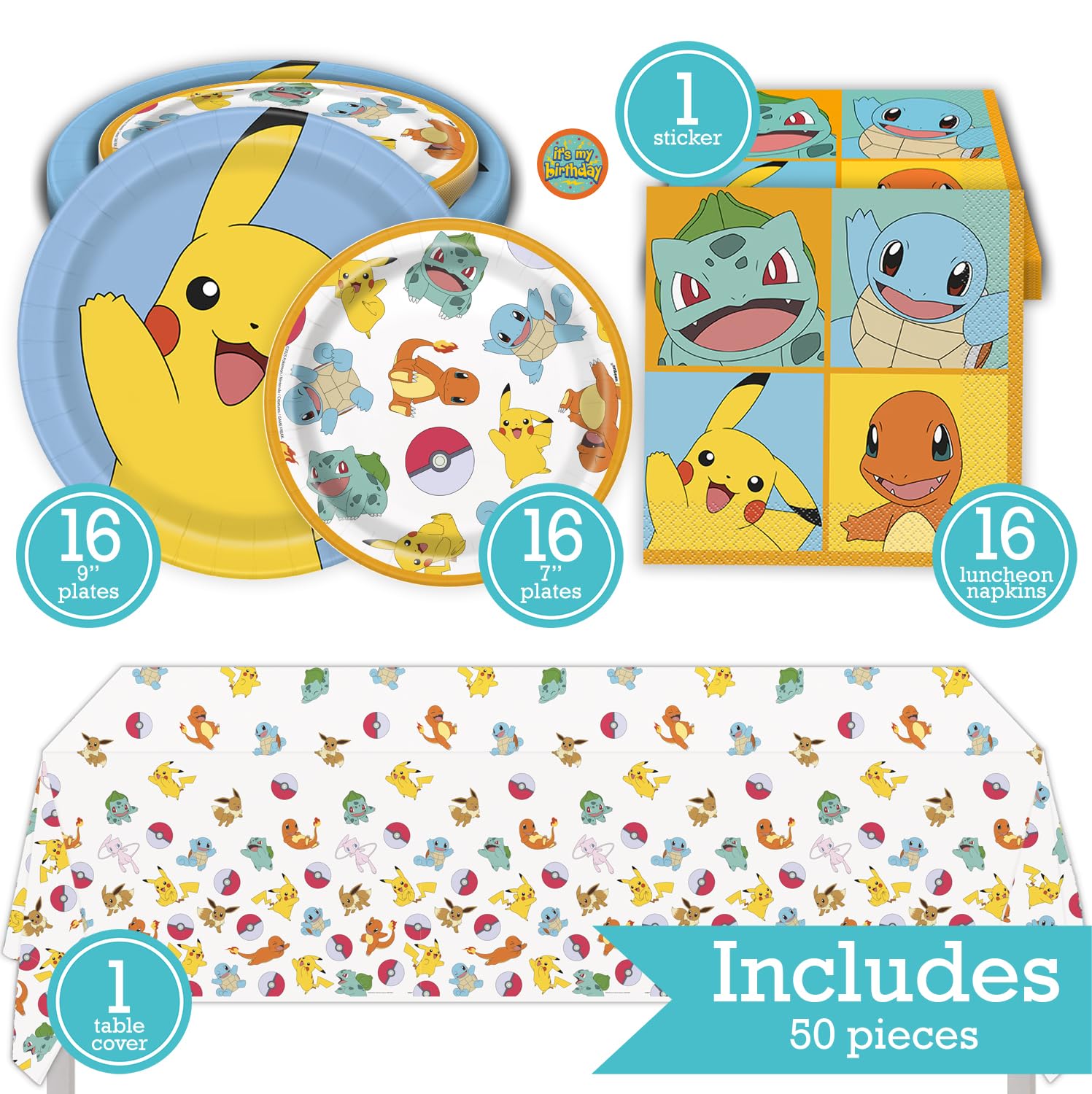 Pokémon Birthday Party Kit for 16 – 9 Inch Plates, 7 Inch Plates, Napkins and Table Cover (49 pc) – photo 2