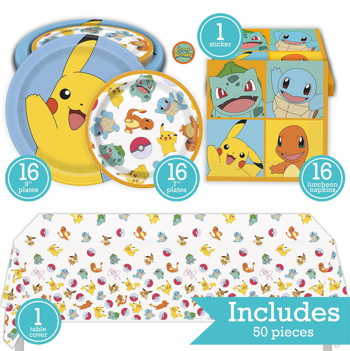 Pokémon Birthday Party Kit for 16 – 9 Inch Plates, 7 Inch Plates, Napkins and Table Cover (49 pc) – photo 2
