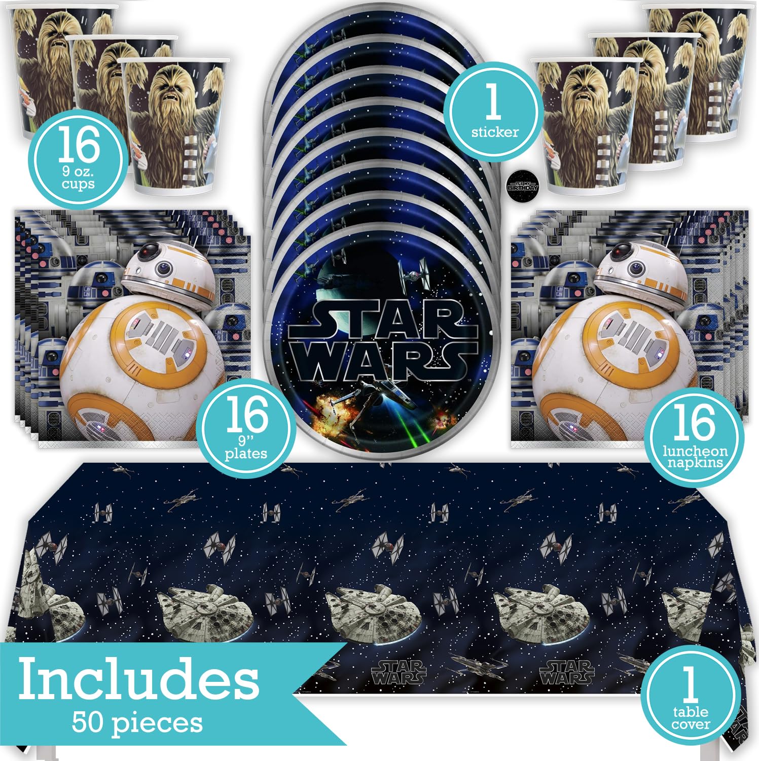 Star Wars Birthday Party Kit for 16 – 9 Inch Plates, Napkins, Table Cover and Cups (49 pc) – photo 2