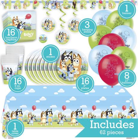 Bluey Birthday Party Kit for 16 – 9 Inch Plates, Napkins, Table Cover, Cups, Banner, Balloons and Swirl Decorations (61 pc) – photo 2