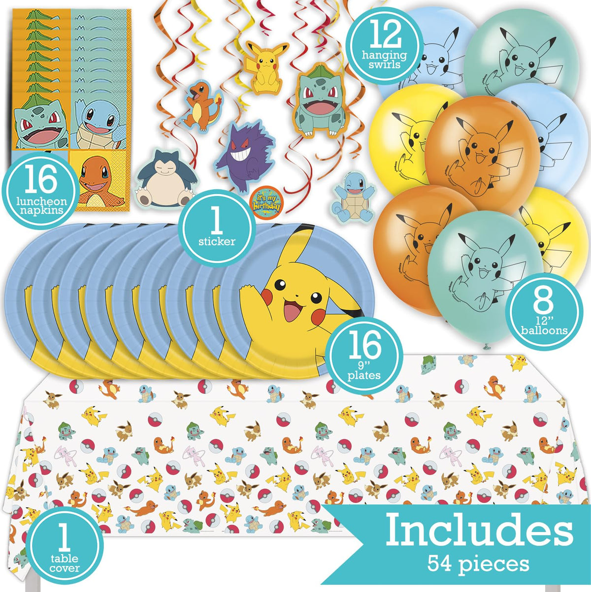 Pokémon Birthday Party Kit for 16 – 9 Inch Plates, Napkins, Table Cover, Banner, Balloons and Swirl Decorations (54 pc) – photo 2