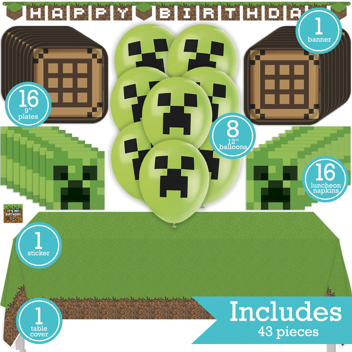 Minecraft Birthday Party Kit for 16 – 9 Inch Plates, Napkins, Table Cover, Banner and Balloons (42 pc) – photo 2