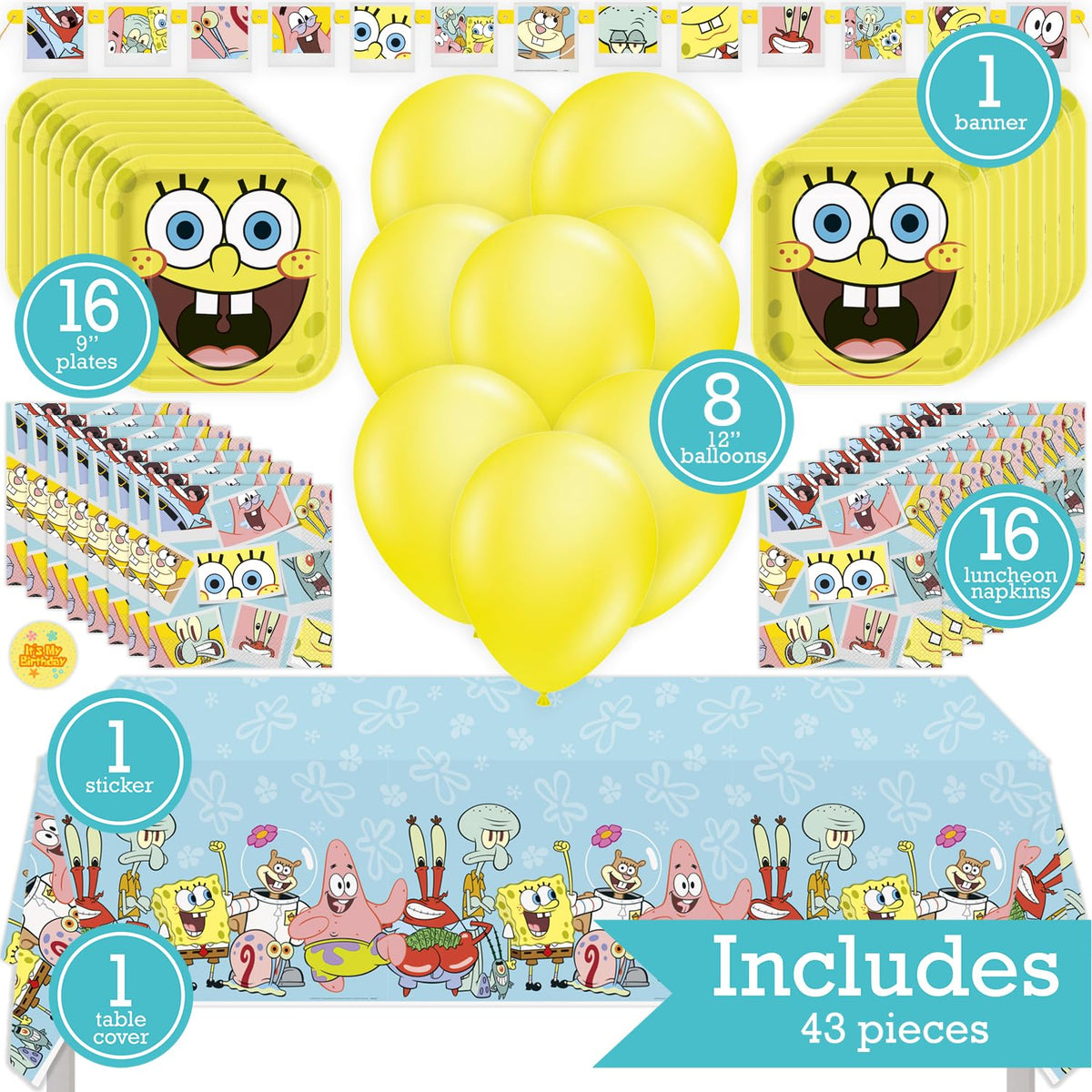 SpongeBob Birthday Party Kit for 16 – 9 Inch Plates, Napkins, Table Cover, Banner and Balloons (49 pc) – photo 2