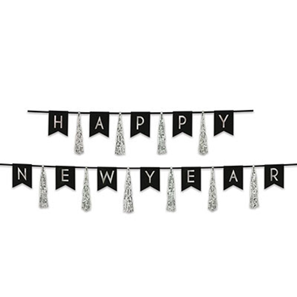 Black and Silver Happy New Year Tassel Streamer