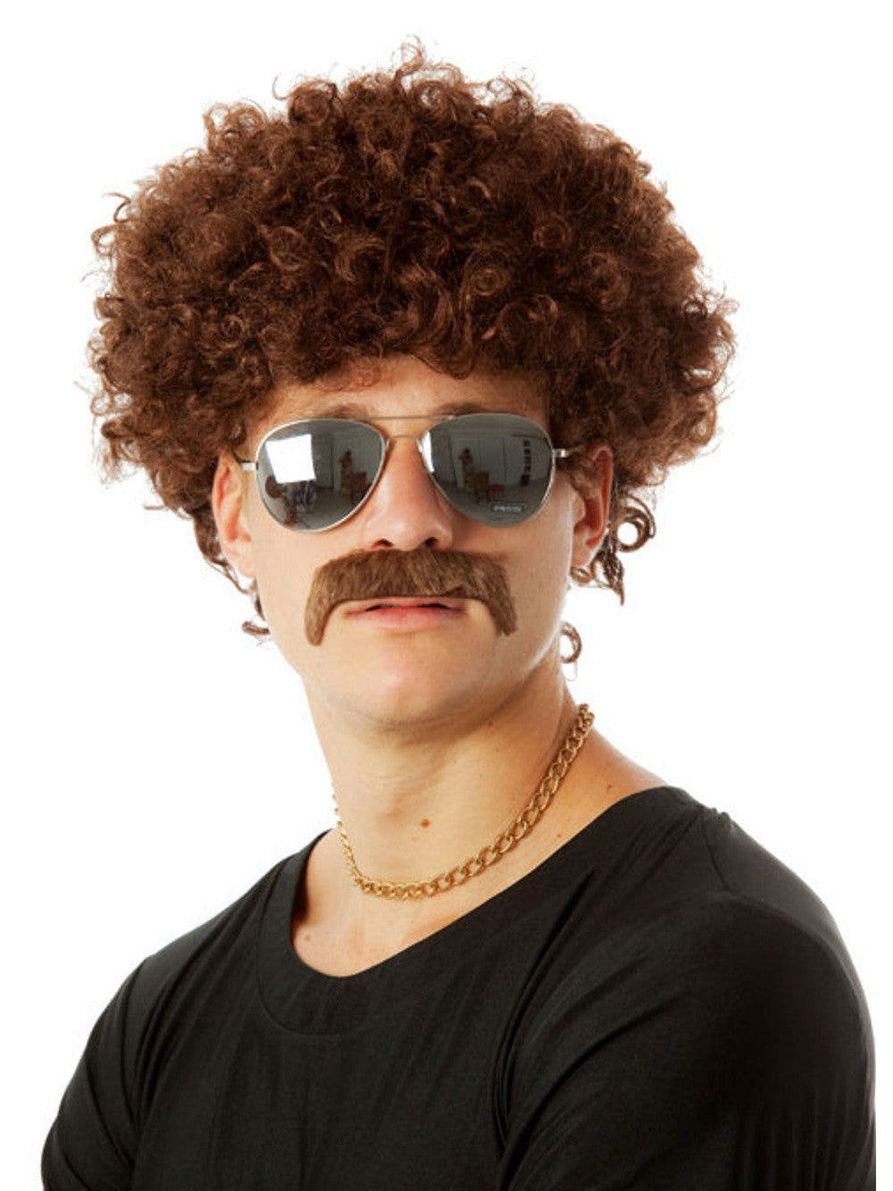70s Brown Afro Wig & Moustache costume wig, photo 1 of 2
