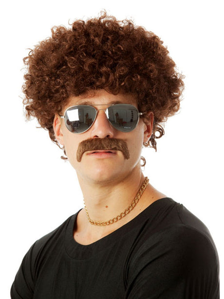 70s Brown Afro Wig & Moustache costume wig, photo 1 of 2