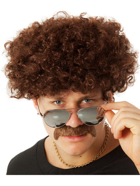 70s Brown Afro Wig & Moustache costume wig, photo 1 of 2