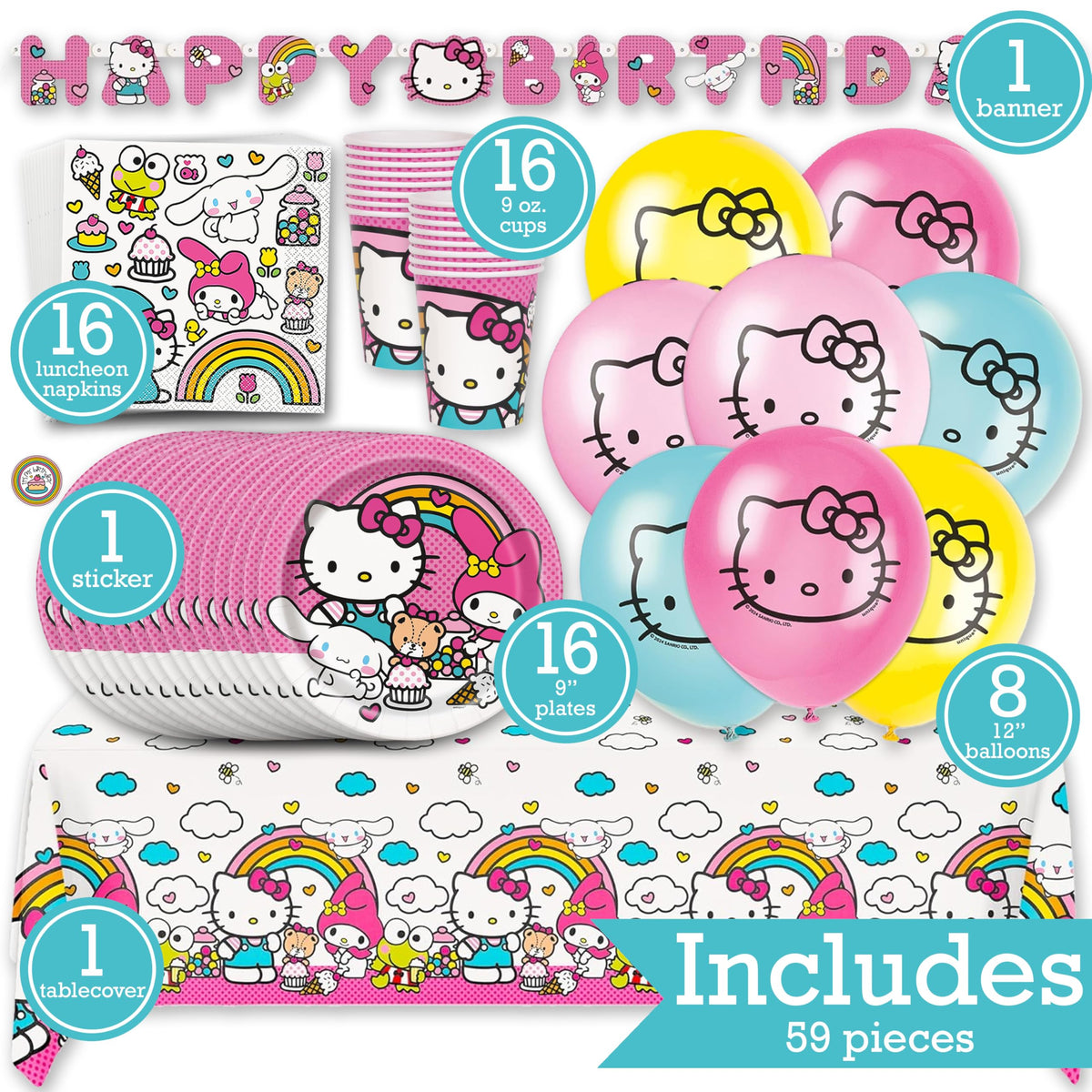 Hello Kitty Birthday Party Kit for 16 – 9 Inch Plates, Napkins, Table Cover, Banner, Balloons and Cups (58 pc) – photo 2
