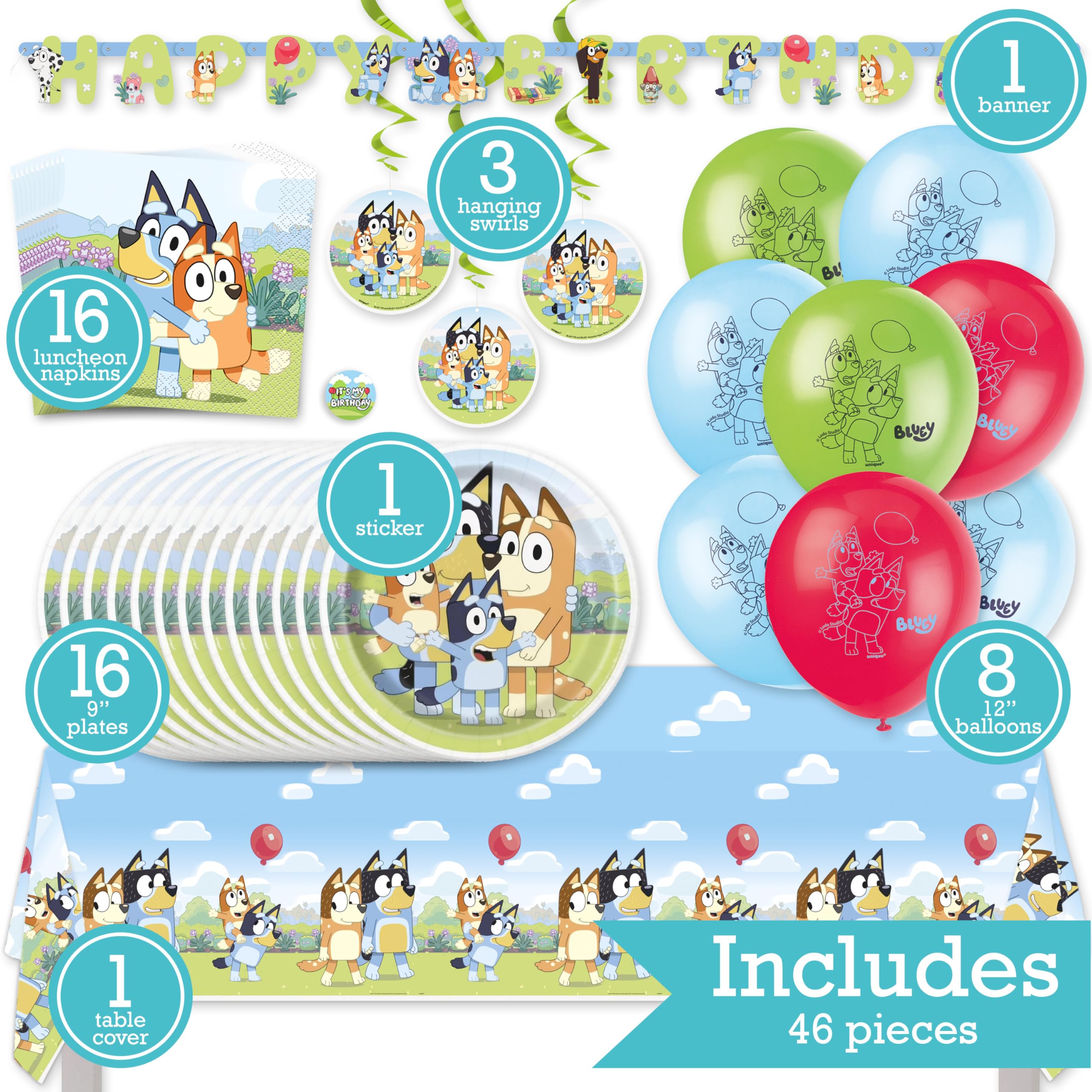 Bluey Birthday Party Kit for 16 – 9 Inch Plates, Napkins, Table Cover, Banner, Balloons and Swirl Decorations (45 pc) – photo 2