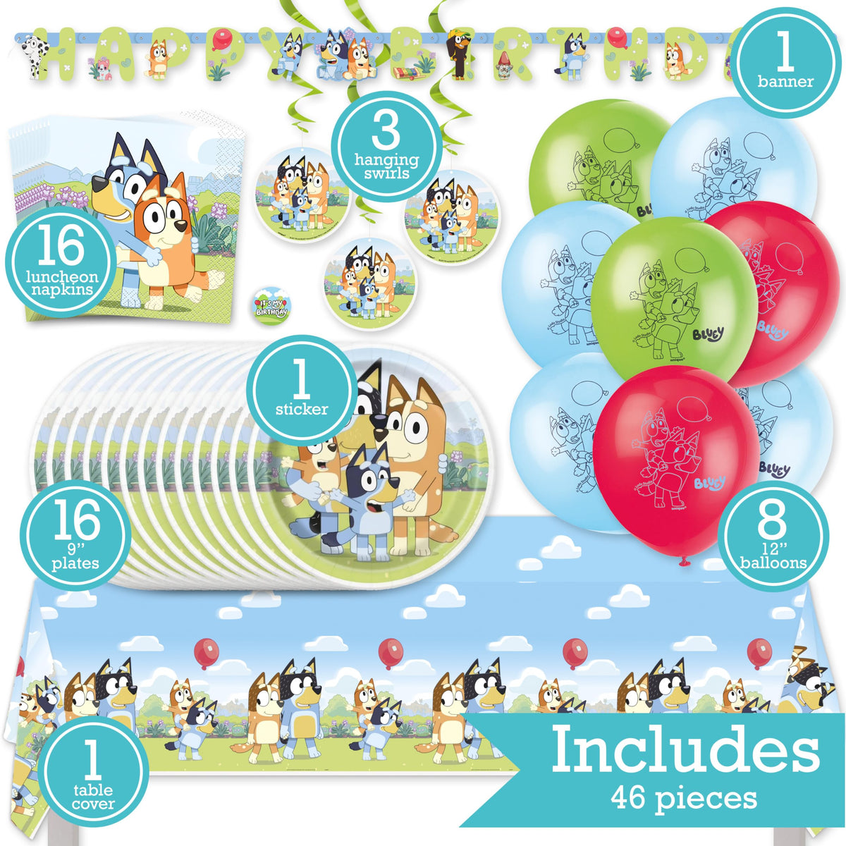 Bluey Birthday Party Kit for 16 – 9 Inch Plates, Napkins, Table Cover, Banner, Balloons and Swirl Decorations (45 pc) – photo 2