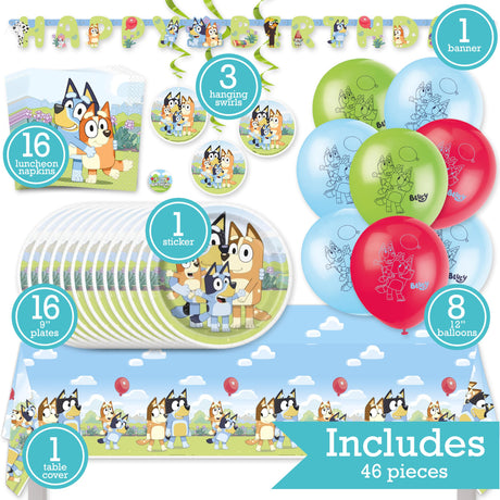 Bluey Birthday Party Kit for 16 – 9 Inch Plates, Napkins, Table Cover, Banner, Balloons and Swirl Decorations (45 pc) – photo 2