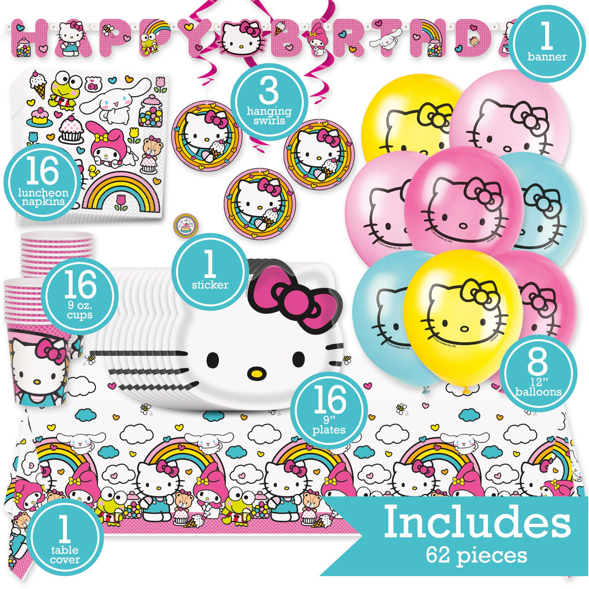 Hello Kitty Birthday Party Kit for 16 – 9 Inch Plates, Napkins, Table Cover, Banner, Balloons, Swirl Decorations and Cups (61 pc) – photo 2