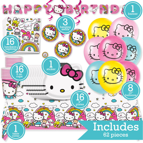 Hello Kitty Birthday Party Kit for 16 – 9 Inch Plates, Napkins, Table Cover, Banner, Balloons, Swirl Decorations and Cups (61 pc) – photo 2