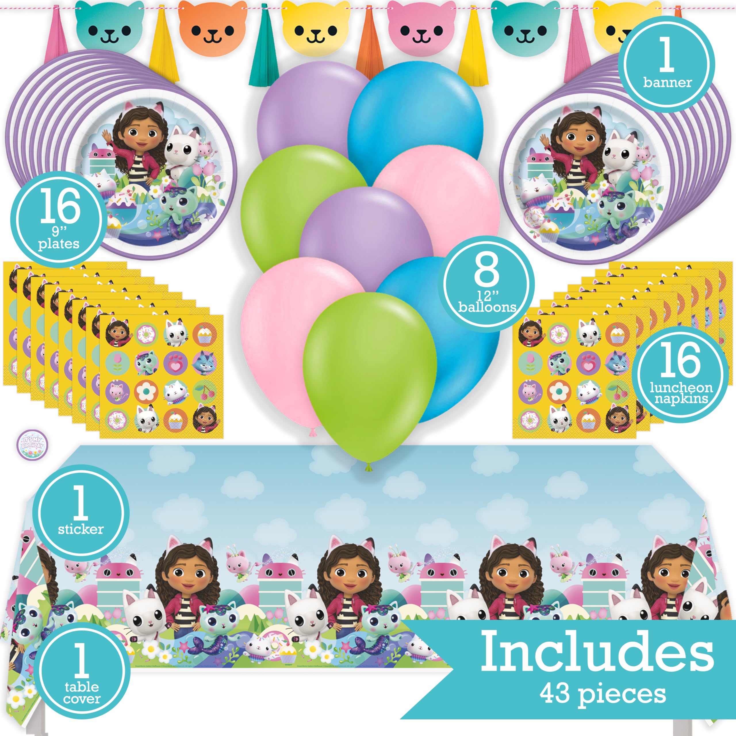 Gabby's Dollhouse Birthday Party Kit for 16 – 9 Inch Plates, Napkins, Table Cover, Banner and Balloons (49 pc) – photo 2