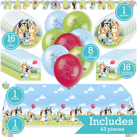 Bluey Birthday Party Kit for 16 – 9 Inch Plates, Napkins, Table Cover, Banner and Balloons (42 pc) – photo 2