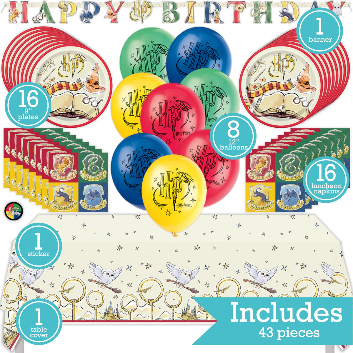 Harry Potter Birthday Party Kit for 16 – 9 Inch Plates, Napkins, Table Cover, Banner and Balloons (42 pc) – photo 2