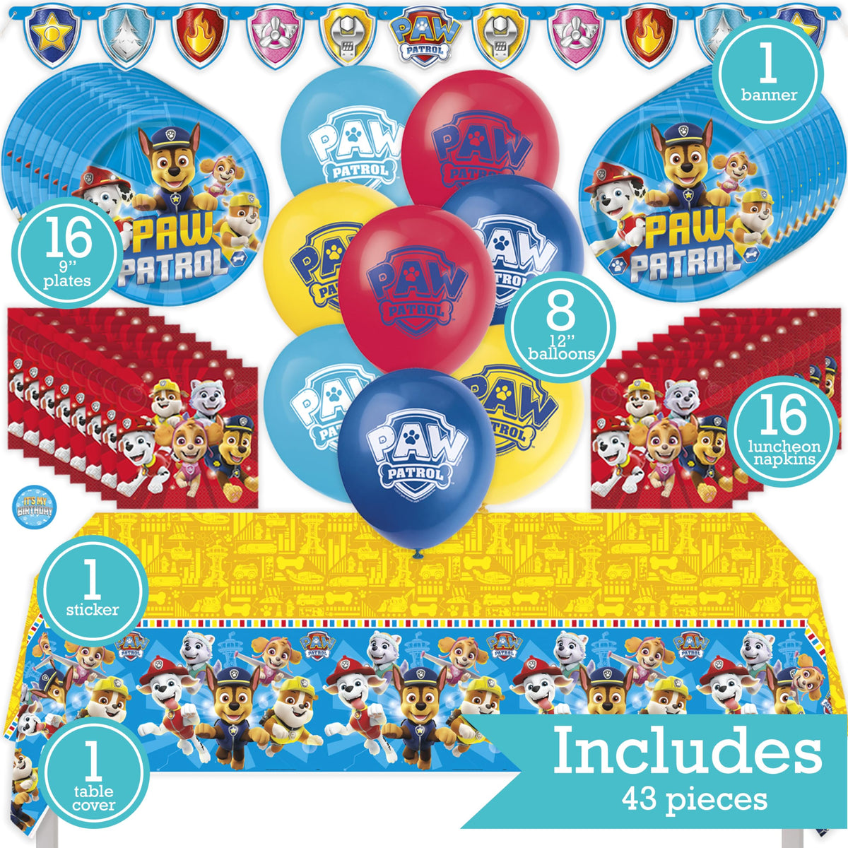 Paw Patrol Birthday Party Kit for 16 – 9 Inch Plates, Napkins, Table Cover, Banner and Balloons (42 pc) – photo 2
