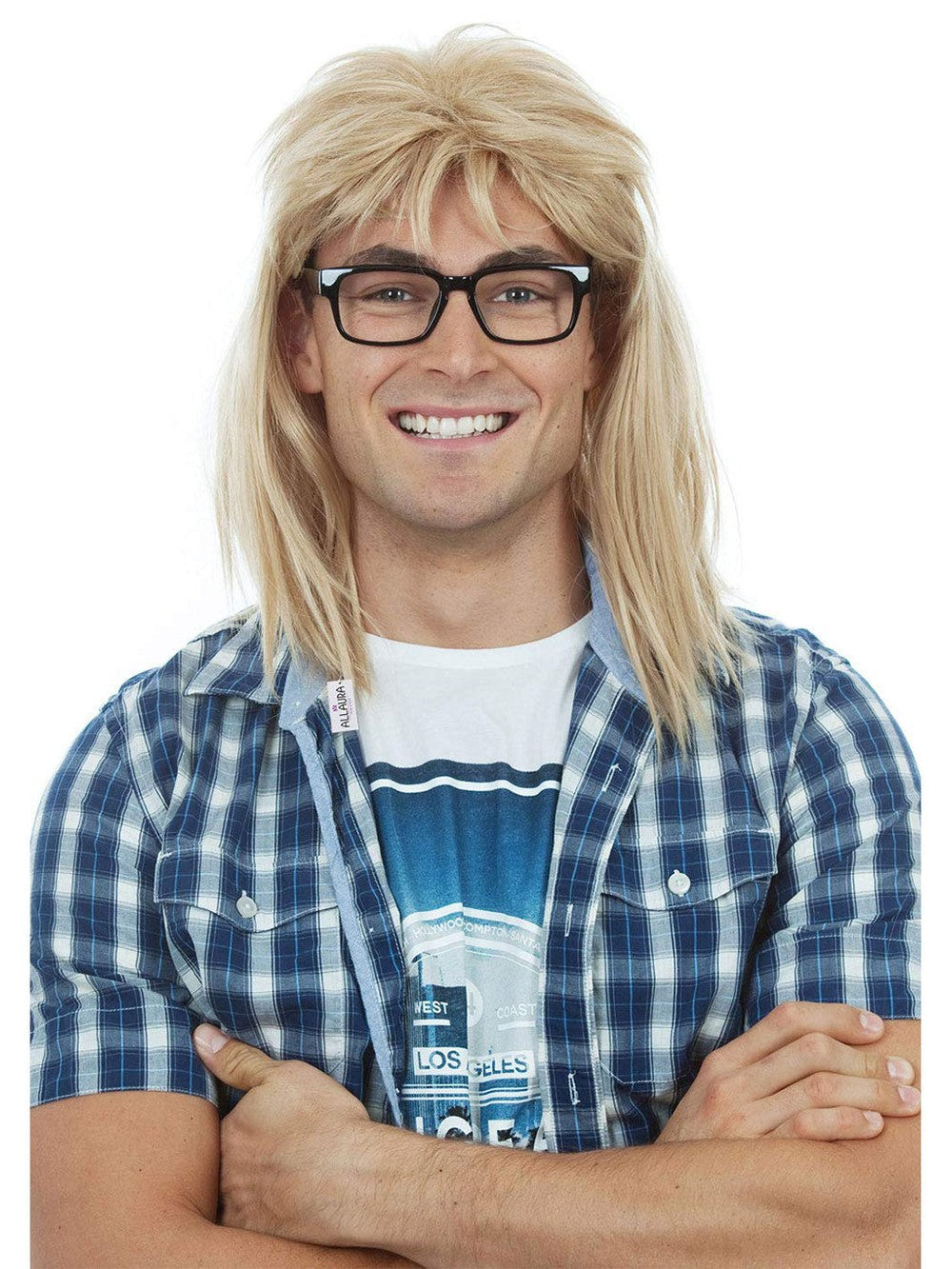 90s Guitar Rocker Blonde Wig With Glasses costume wig, photo 1 of 3