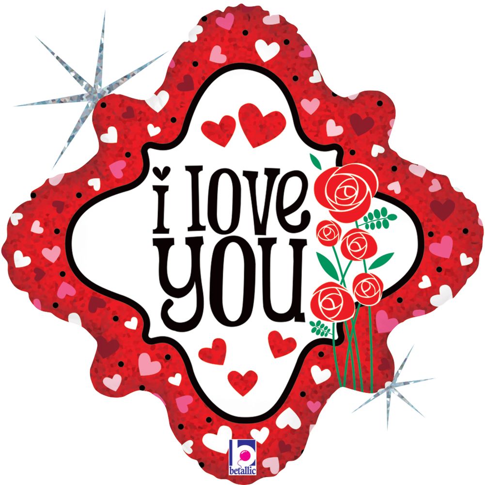 18" I Love You Hearts & Roses Diamond Holographic Foil Balloon (1ct)