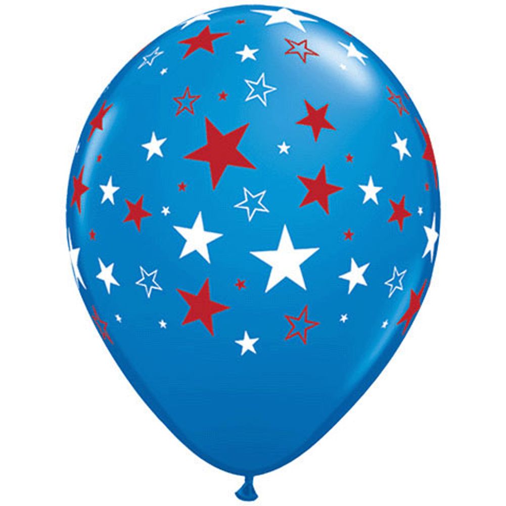 Qualatex 11" Blue with Red & White Stars Around Latex Balloons (50ct)