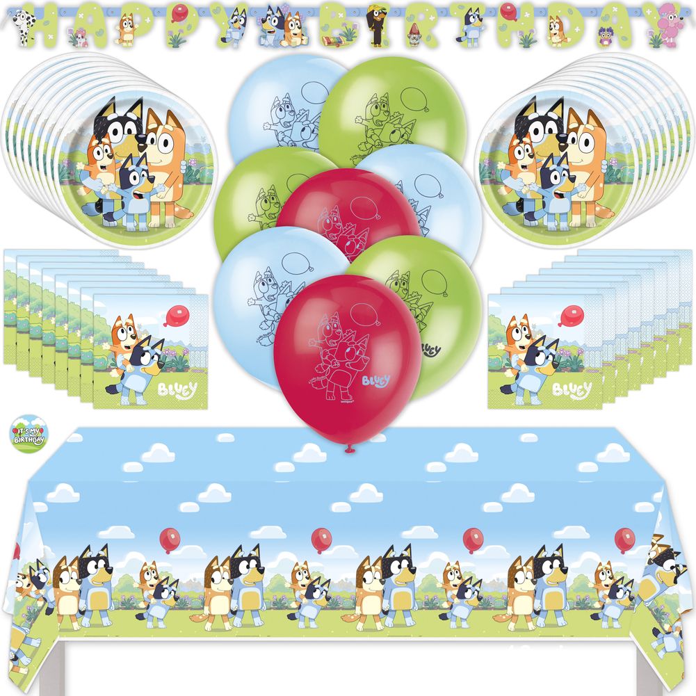 Bluey Kit with Plates, Napkins, Balloons, Banner, Sticker, & Tablecover