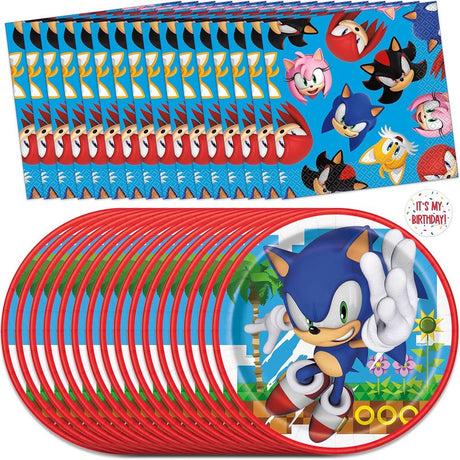Sonic birthday party supplies including plates and napkins, perfect for sonic party decorations.