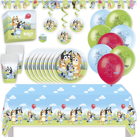 Bluey Birthday Party Kit for 16 – 9 Inch Plates, Napkins, Table Cover, Cups, Banner, Balloons and Swirl Decorations (61 pc)