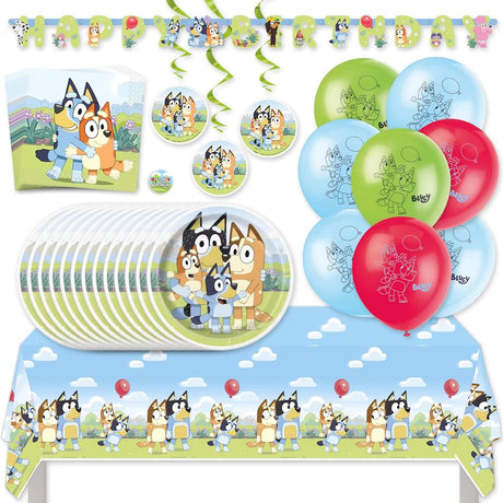 Bluey Birthday Party Kit for 16 – 9 Inch Plates, Napkins, Table Cover, Banner, Balloons and Swirl Decorations (45 pc)