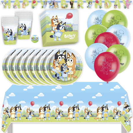 Bluey Birthday Party Kit for 16 – 9 Inch Plates, Napkins, Table Cover, Cups, Banner and Balloons (58 pc)