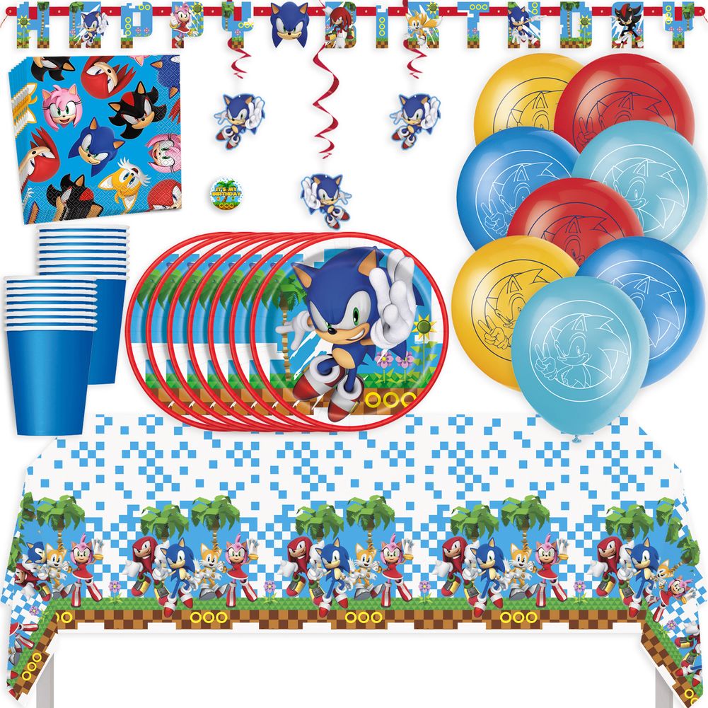 Sonic Birthday Party Kit with Tablecloth, Plates, Napkins, Cups, Balloons, Banner, Swirls, & Sticker