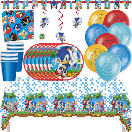Sonic Birthday Party Kit for 16 – 9 Inch Plates, Napkins, Table Cover, Cups, Banner, Swirl Decorations and Balloons (65 pc)