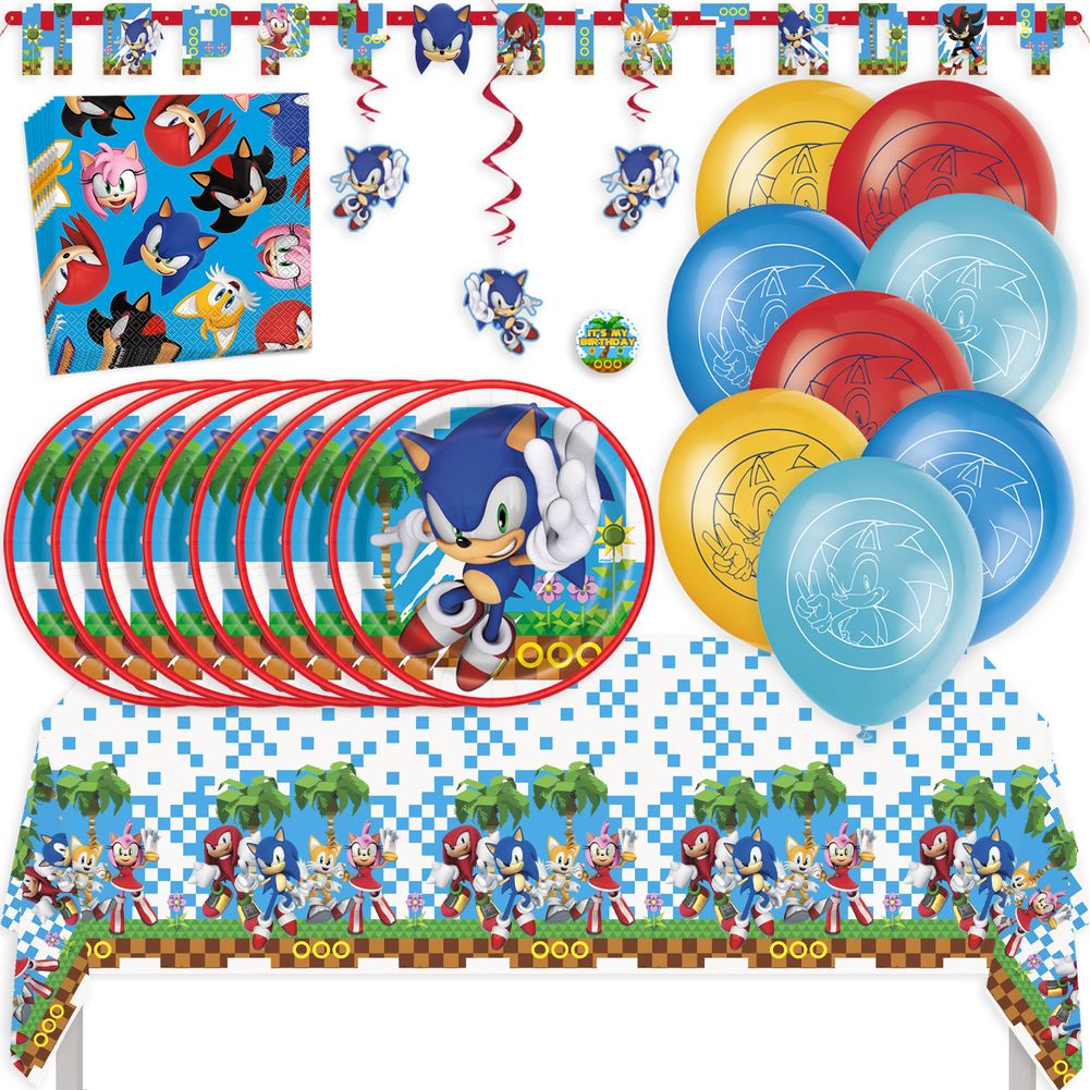 Sonic Birthday Party Kit with Tablecloth, Plates, Napkins, Balloons, Banner, Swirls, & Sticker