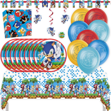 Sonic Birthday Party Kit for 16 – 9 Inch Plates, Napkins, Table Cover, Banner, Swirl Decorations and Balloons (45 pc)