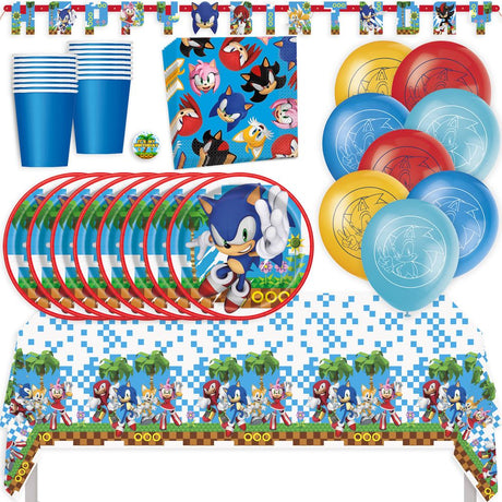 Sonic Birthday Party Kit for 16 – 9 Inch Plates, Napkins, Table Cover, Cups, Banner and Balloons (62 pc)